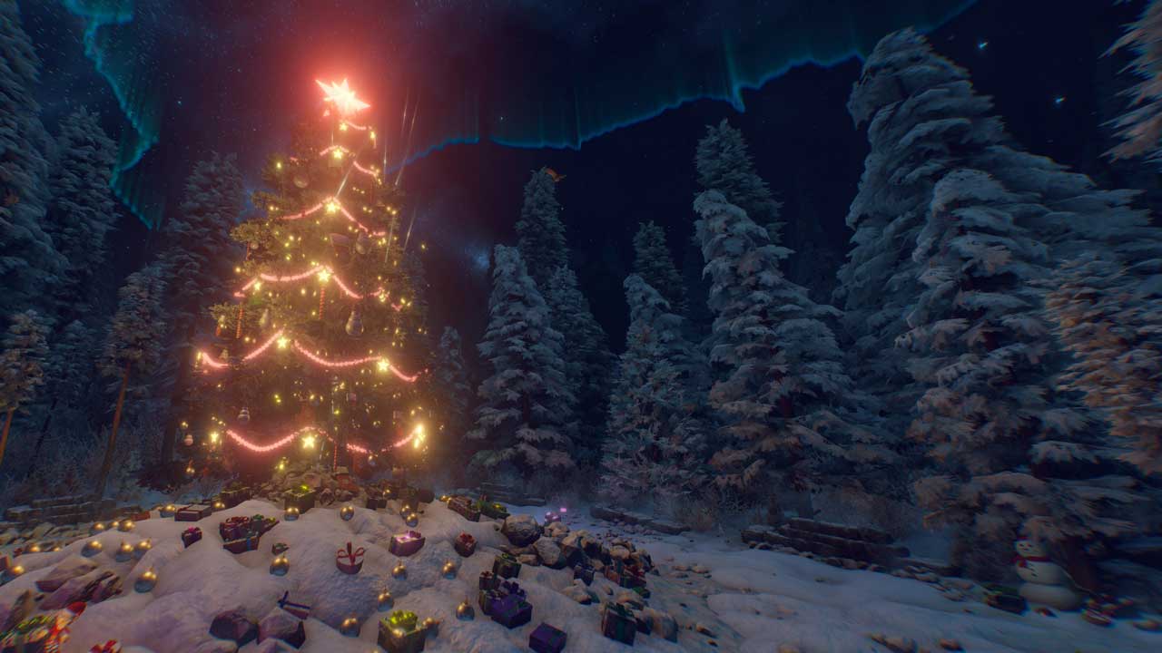 christmas tree in the snow with gifts and the northern lights