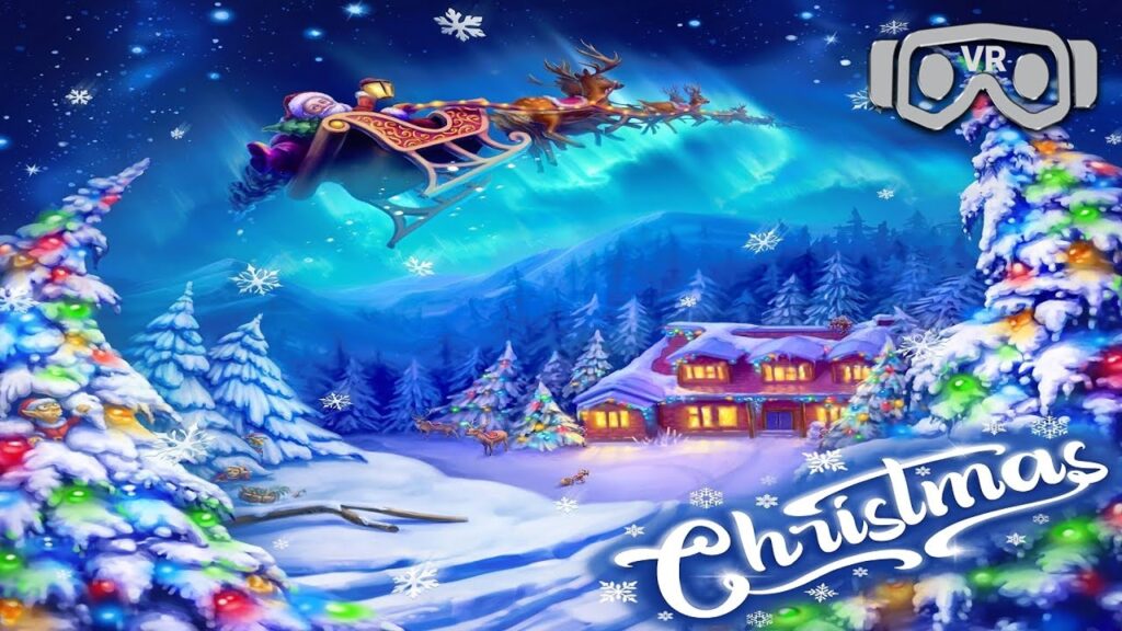 santa flying over a snowy landscape with lit christmas trees